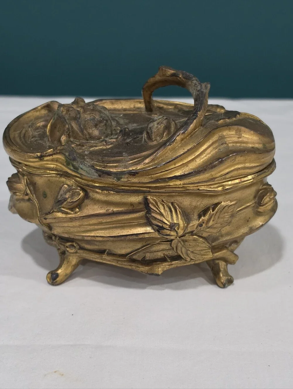 Antique N.B. Rogers 943 Art Nouveau Gold Floral Jewelry Casket